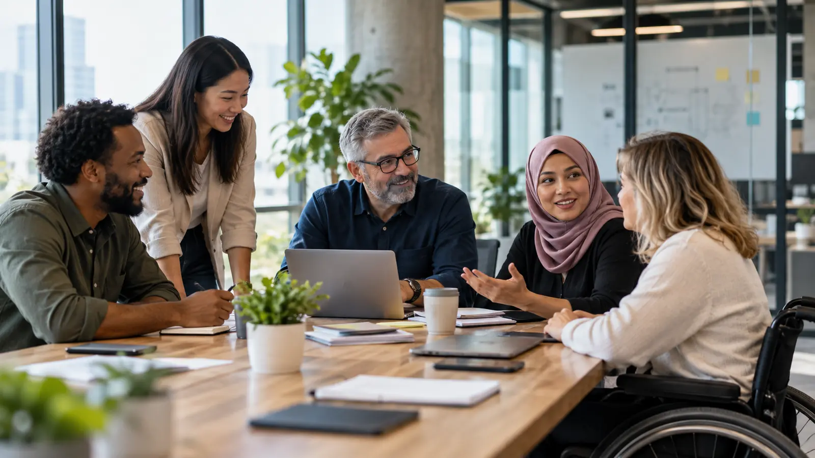 Diverse team collaborating in an inclusive workplace meeting