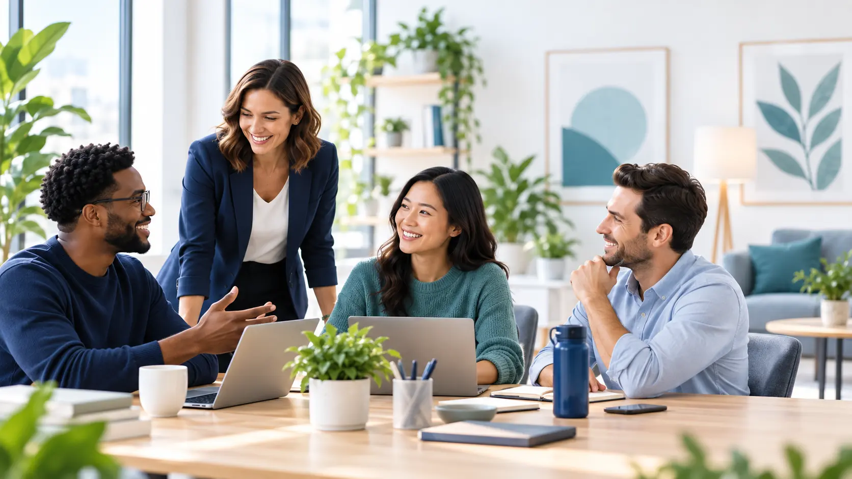 Employee wellbeing and mental health at work shown through a healthy, supportive and collaborative workplace team meeting