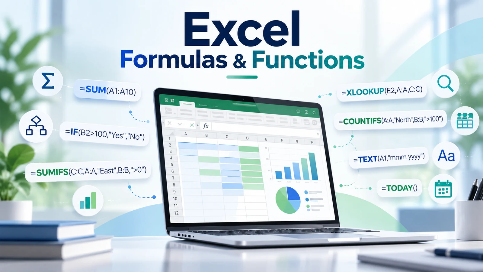 Essential Excel functions grouped into math, logic, lookup, text and date functions