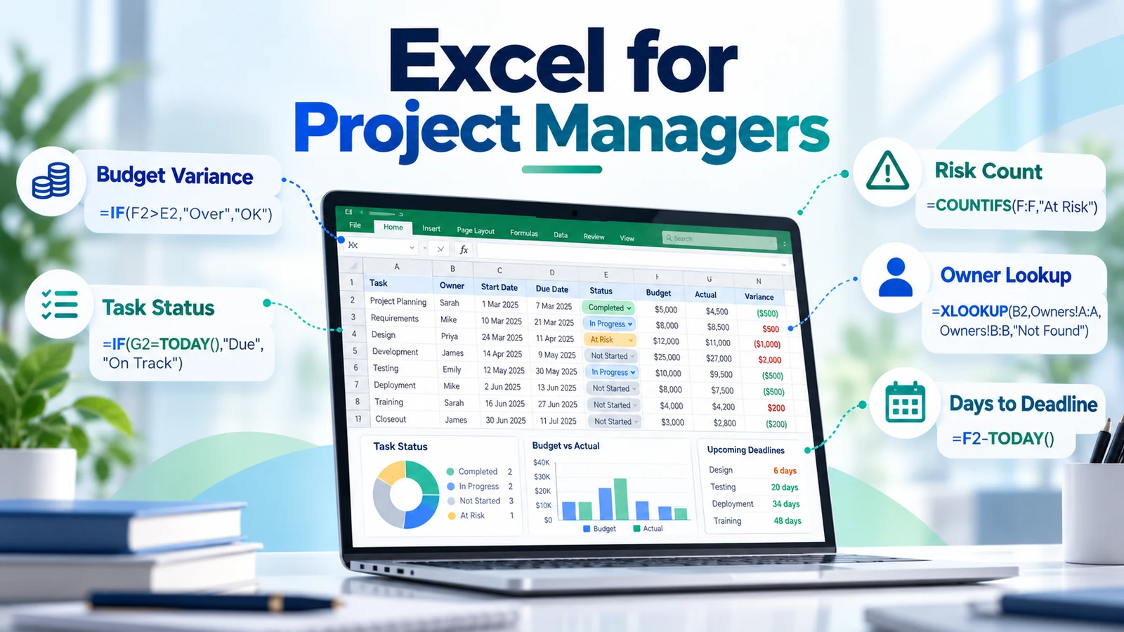 Excel for project managers showing budget variance, task status, risk count, owner lookup and deadline formulas
