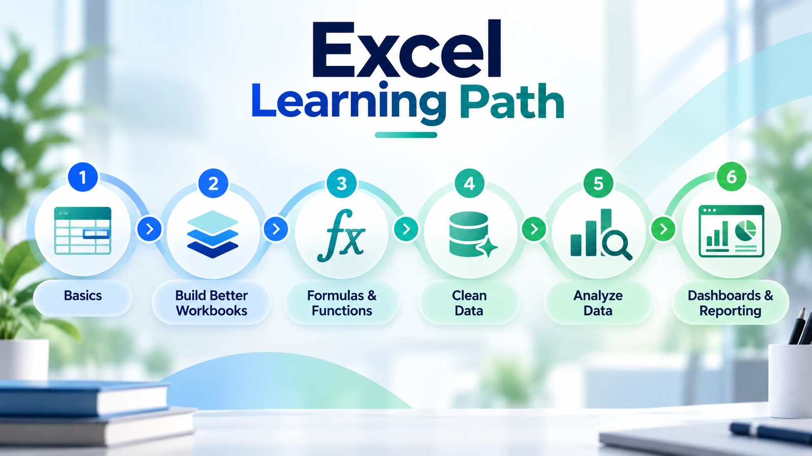 Excel learning path from basics and workbook design to formulas, data cleaning, analysis and dashboards
