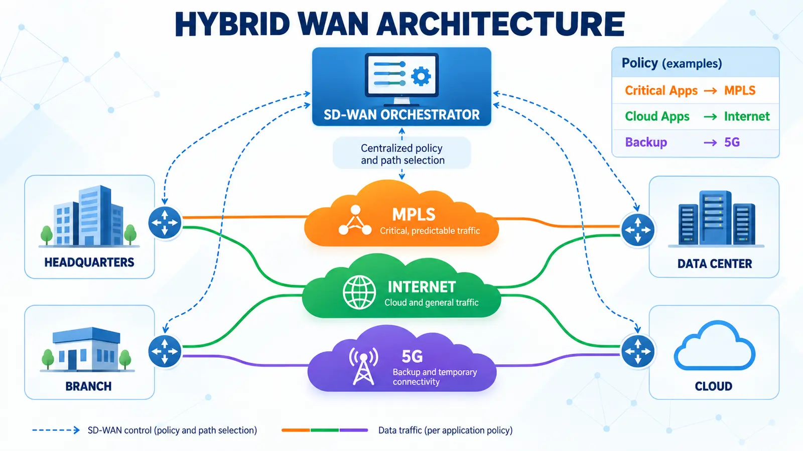 Hybrid WAN architecture combining MPLS, internet and 5G under centralized SD-WAN control