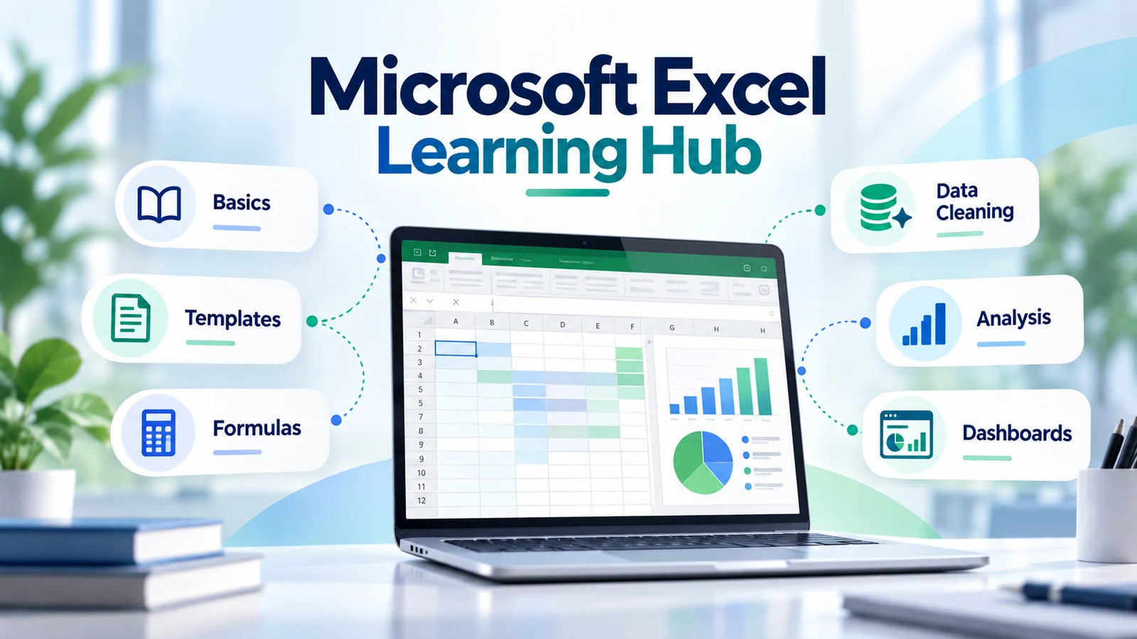 Microsoft Excel learning hub covering basics, templates, formulas, data cleaning, analysis and dashboards