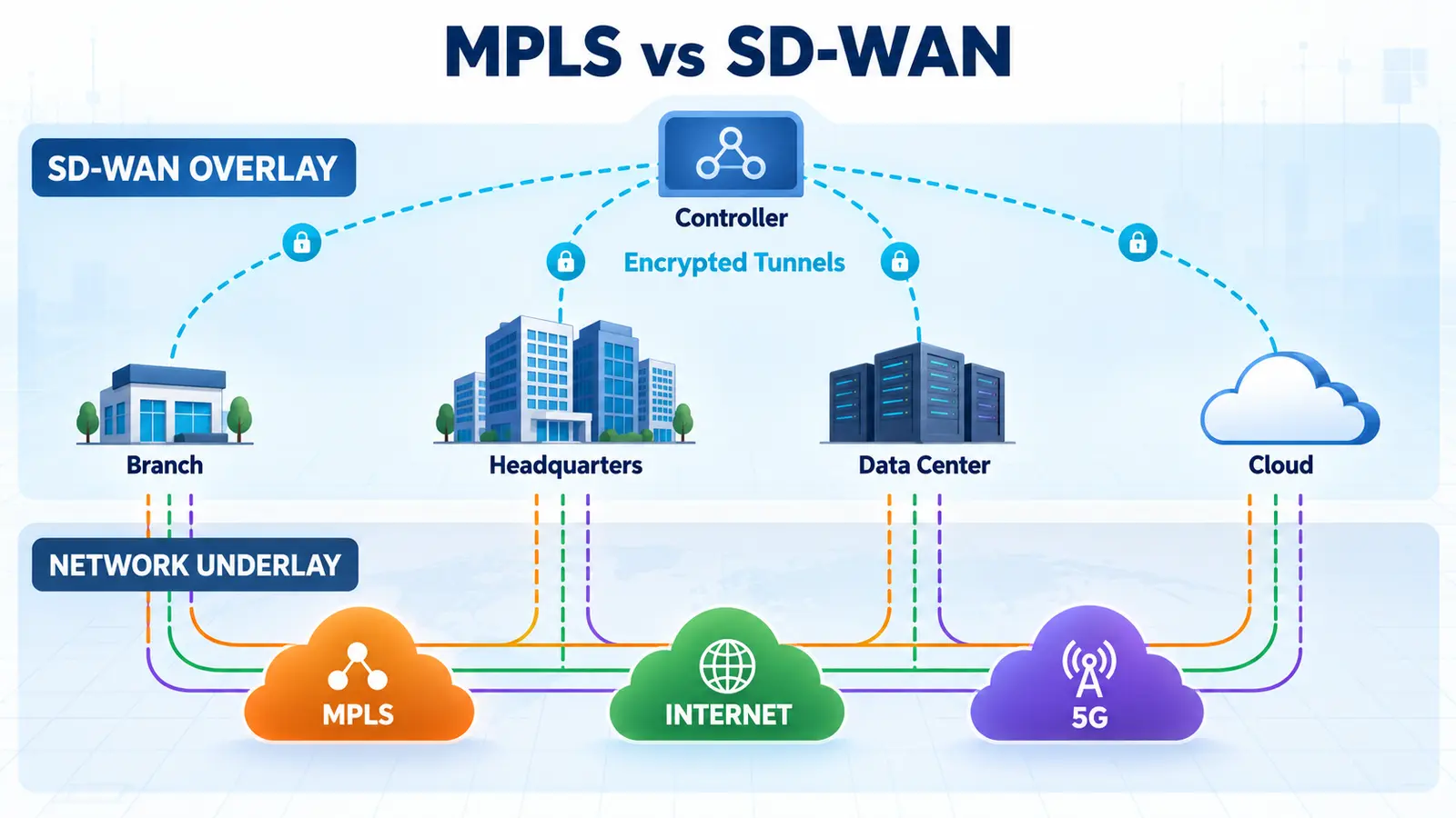 MPLS, internet and 5G underlays supporting an encrypted SD-WAN overlay