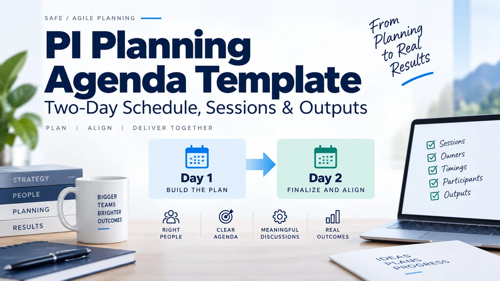 PI Planning agenda template showing a two-day planning flow from Day 1 to Day 2