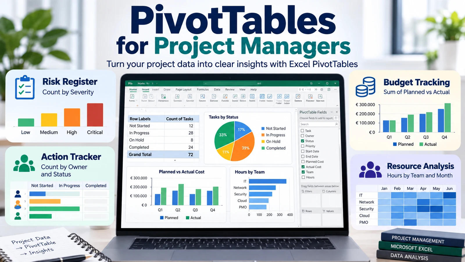 PivotTables for project managers showing risk register, action tracker, budget tracking and resource analysis