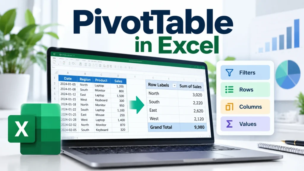 PivotTable in Excel showing source data summarized into rows, columns, values and filters