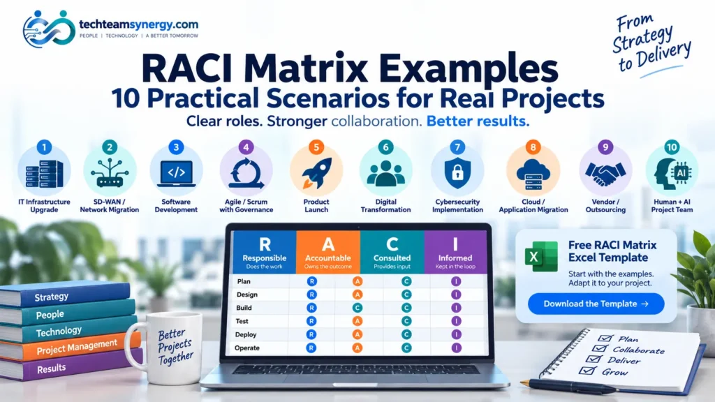 RACI matrix examples for 10 practical project scenarios including IT, Agile, cloud, cybersecurity and AI