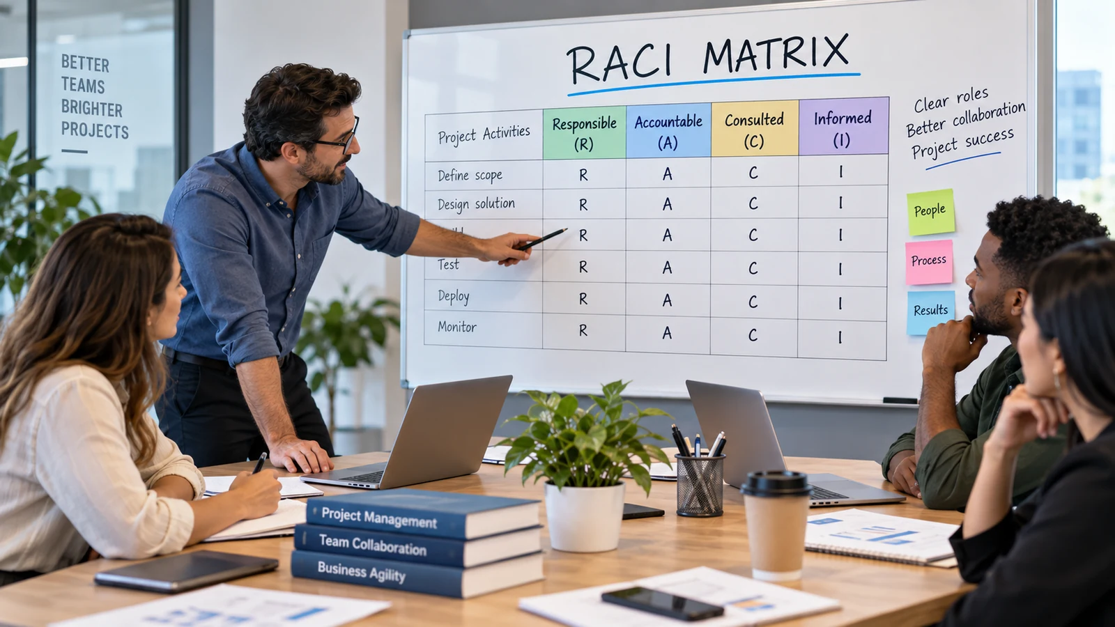 Project team reviewing a RACI matrix with Responsible, Accountable, Consulted and Informed roles