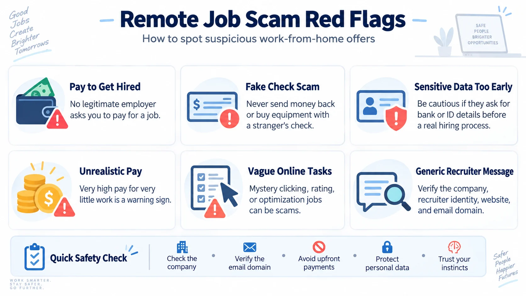 Remote job scam red flags including fake checks, upfront payments and suspicious recruiters