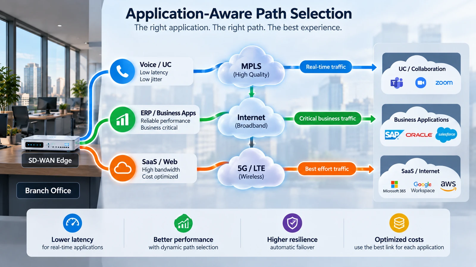 SD-WAN application-aware path selection for voice ERP SaaS and web traffic across MPLS Internet and 5G
