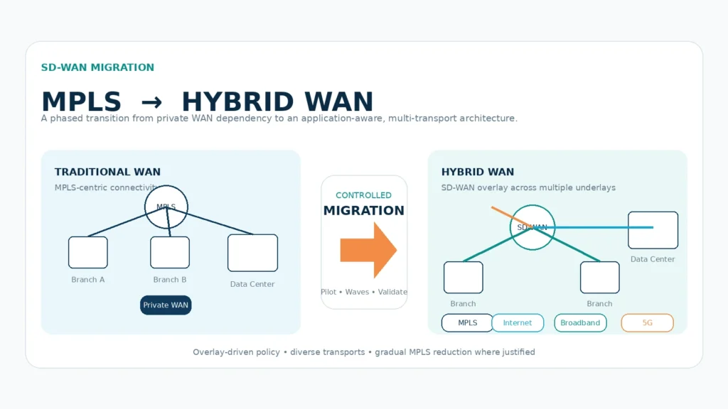 SD-WAN migration checklist showing the transition from MPLS to hybrid WAN