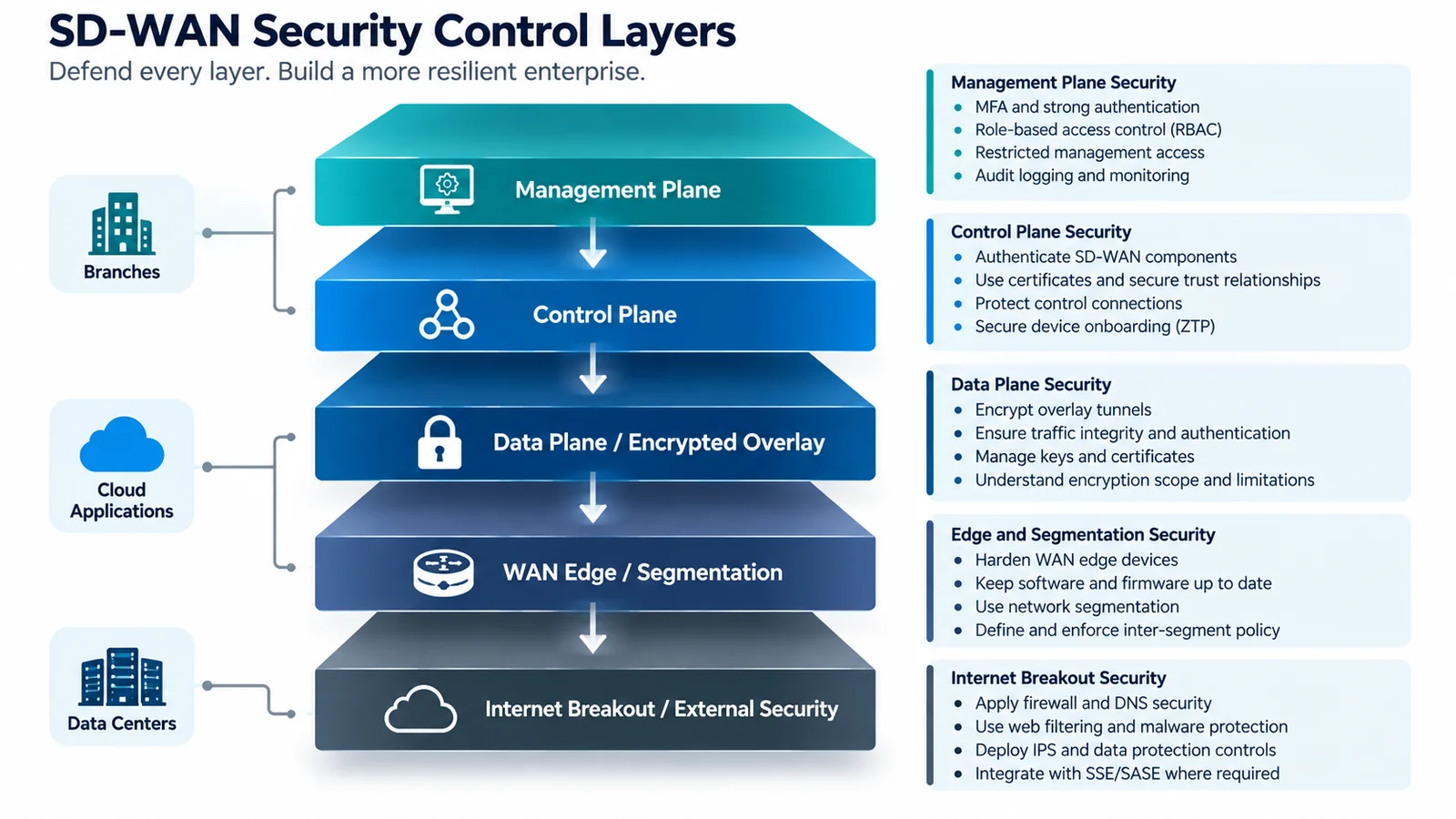 SD-WAN security control layers covering management plane, control plane, encrypted data plane, WAN edge segmentation and internet breakout