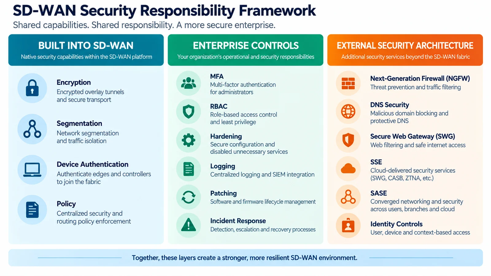SD-WAN security responsibility framework comparing built-in SD-WAN capabilities, enterprise controls and external security architecture