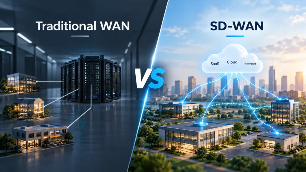 SD-WAN vs traditional WAN comparison showing centralized WAN and cloud-connected SD-WAN architecture