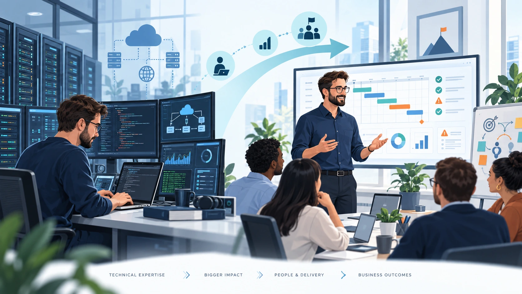 IT technician transitioning into an IT project manager role, from technical expertise to team leadership and project delivery
