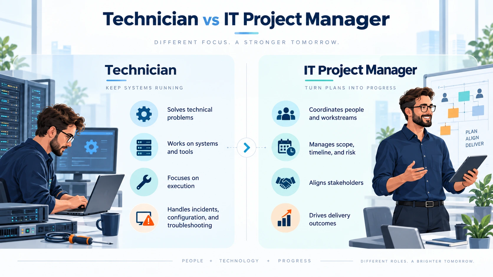Technician vs IT project manager comparison showing differences in technical execution, stakeholder management, scope, risk and delivery