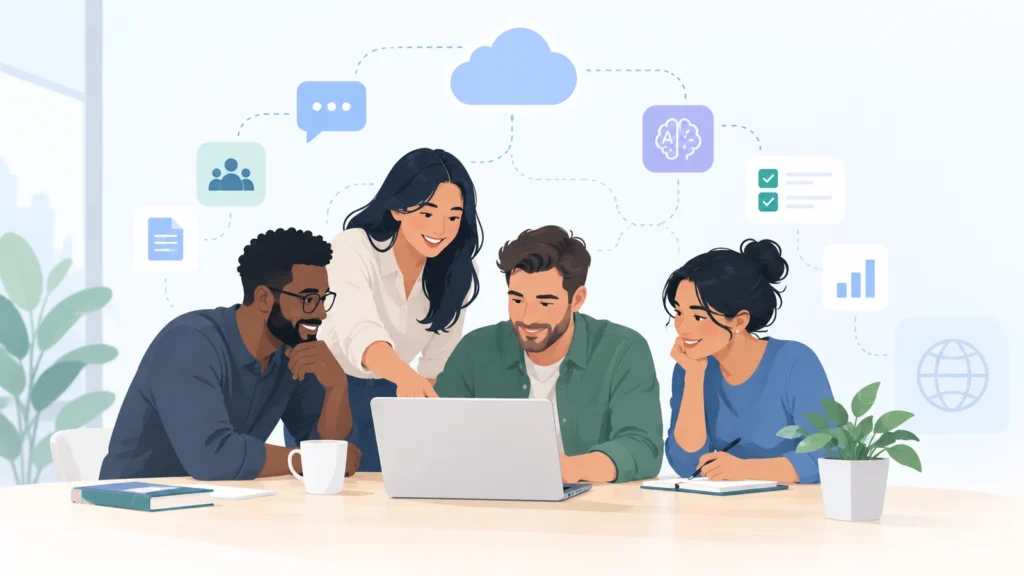 Digital team collaborating with technology, cloud tools and AI