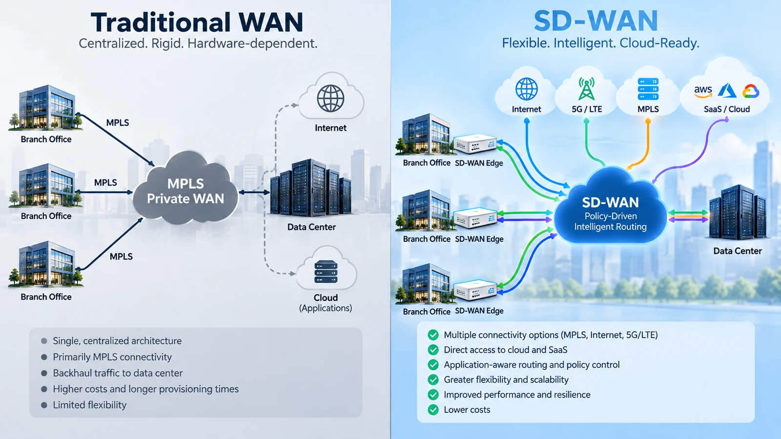 Traditional WAN vs SD-WAN architecture diagram comparing MPLS-centric and multi-transport networks