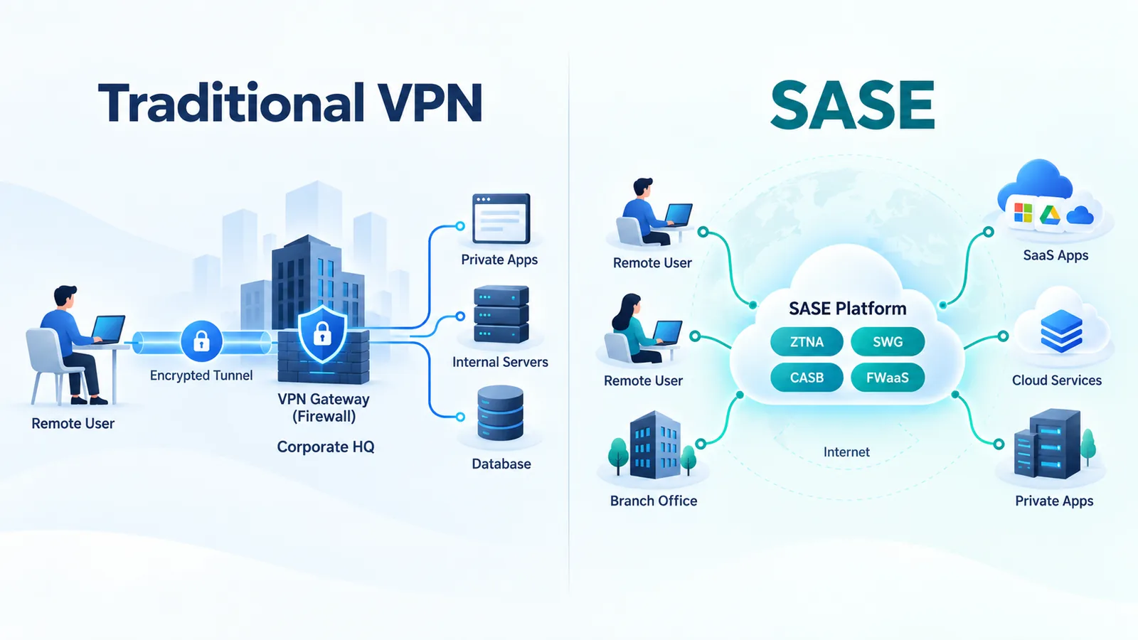 VPN vs SASE architecture comparison showing VPN gateway and cloud-based SASE services