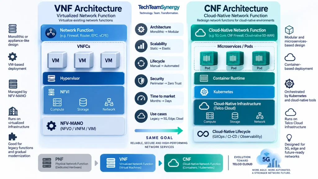 VNF vs CNF architecture comparison diagram showing virtual machines, NFV-MANO, containers, Kubernetes and Telco Cloud