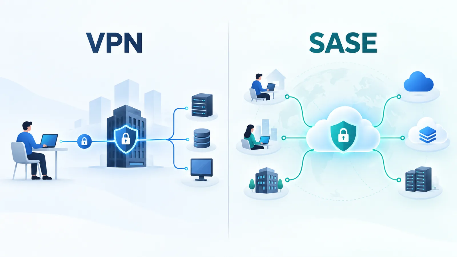 VPN vs SASE comparison showing centralized VPN access and cloud-delivered SASE security