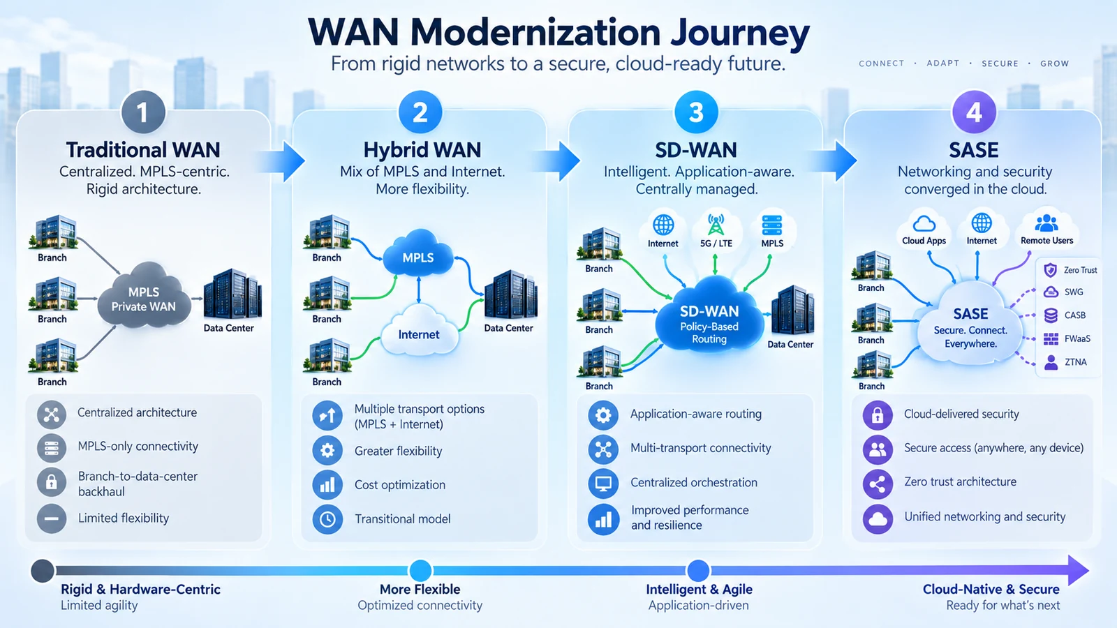 WAN modernization journey from traditional WAN to hybrid WAN SD-WAN and SASE