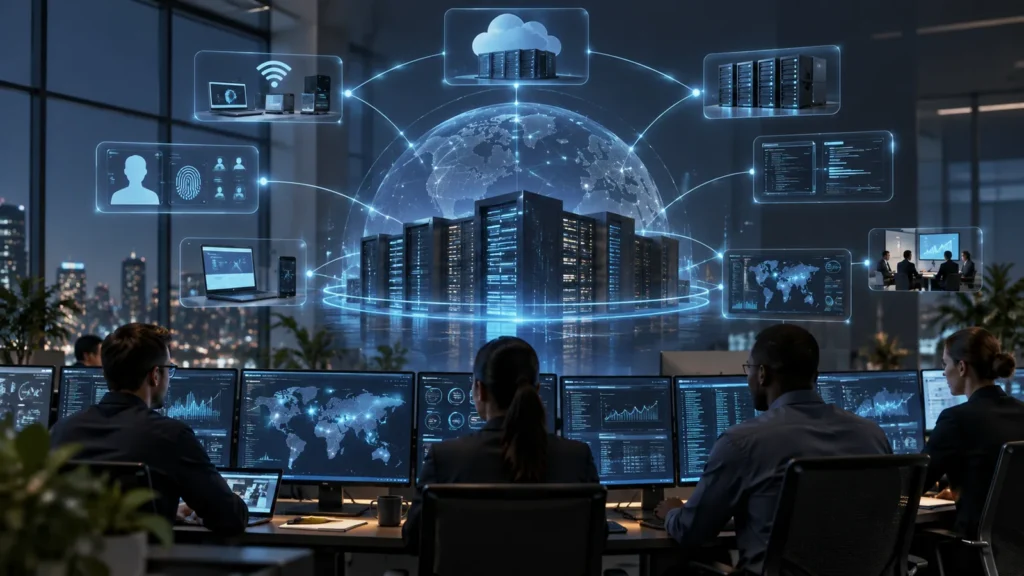 Cybersecurity operations team monitoring networks, cloud systems, identities and digital infrastructure