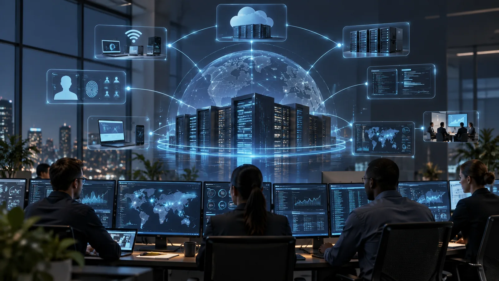 Cybersecurity operations team monitoring networks, cloud systems, identities and digital infrastructure