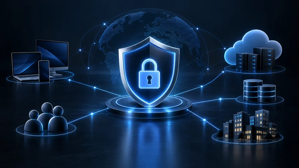 Cybersecurity protecting a modern digital enterprise across devices, cloud infrastructure, data and users