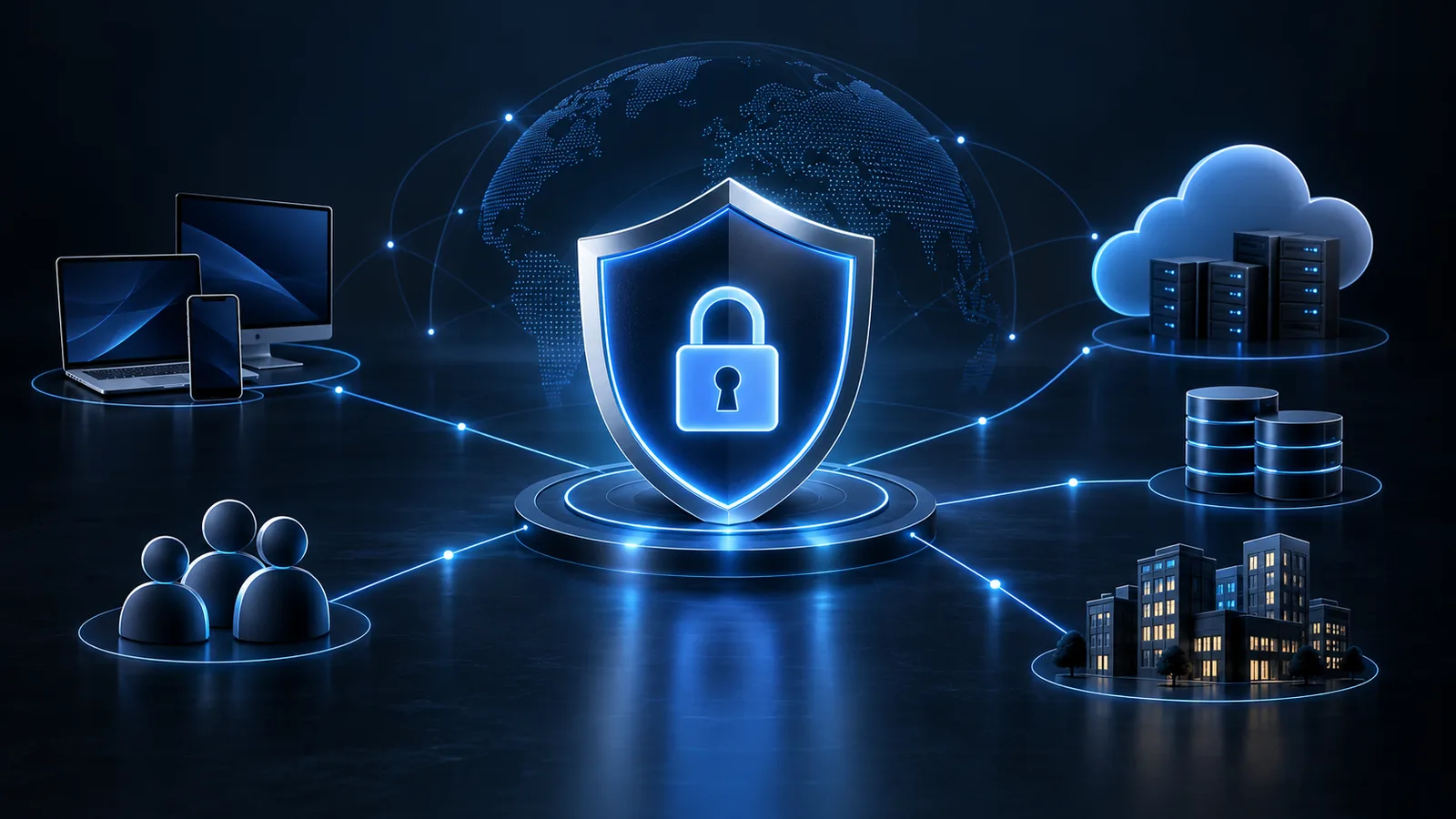 Cybersecurity protecting a modern digital enterprise across devices, cloud infrastructure, data and users
