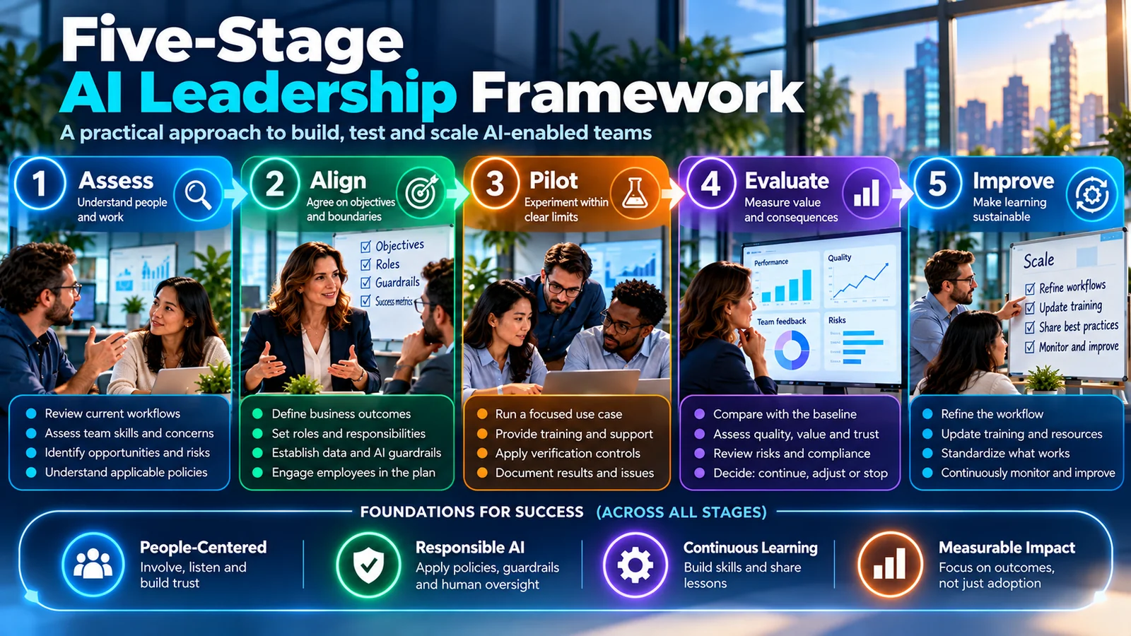 Five-stage AI leadership framework: Assess, Align, Pilot, Evaluate and Improve, supported by responsible AI and continuous learning.