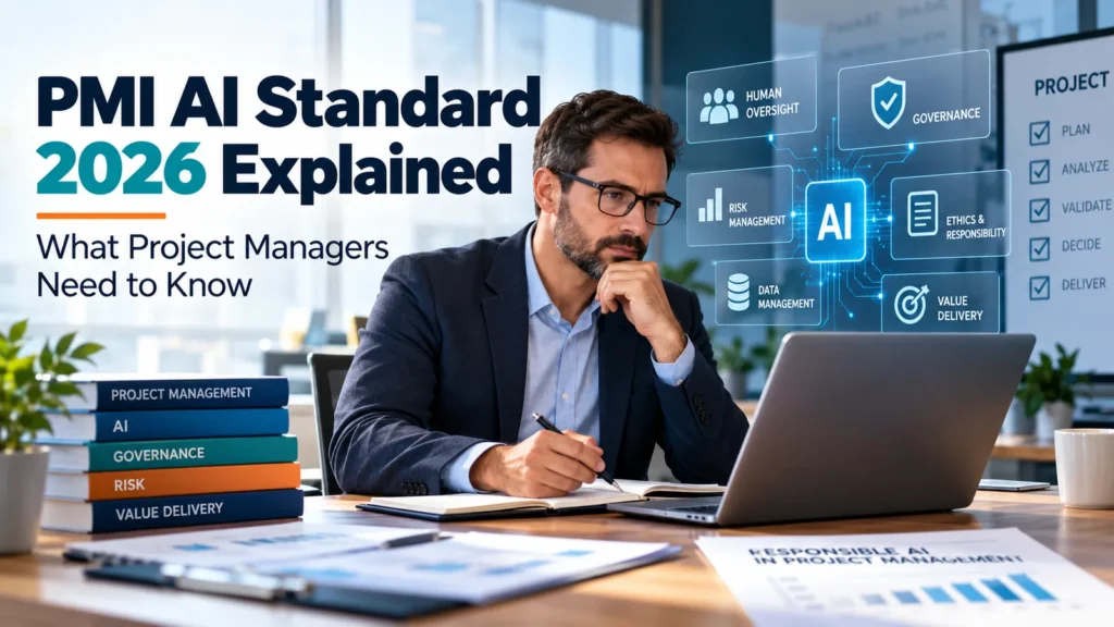 Project manager reviewing AI-assisted project work with human oversight and project governance