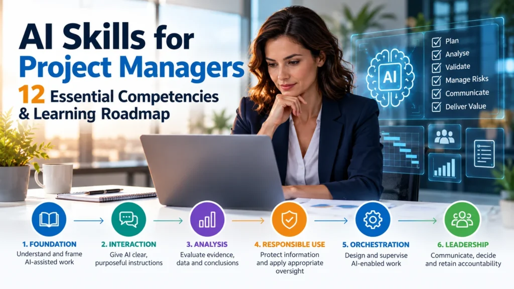AI skills for project managers covering 12 essential competencies across six professional development areas.