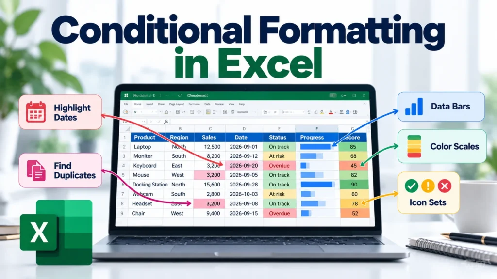 Conditional formatting in Excel showing highlighted dates, duplicate values, data bars, color scales and icon sets