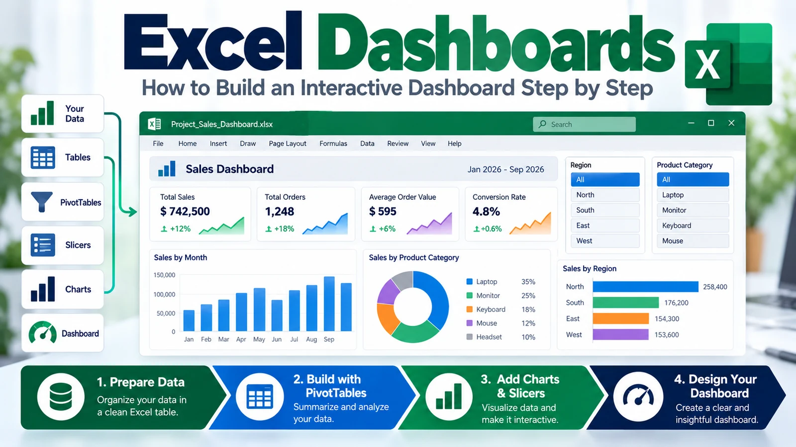 Excel dashboard architecture from source data and PivotTables to charts, slicers and interactive reporting
