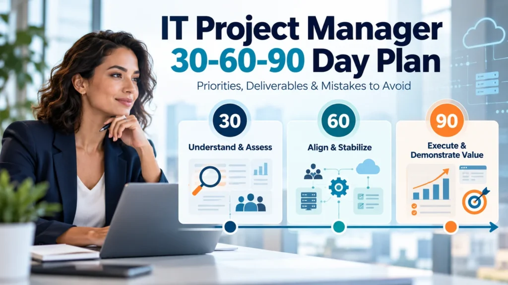IT project manager 30-60-90 day plan showing three phases from project assessment to delivery improvement.