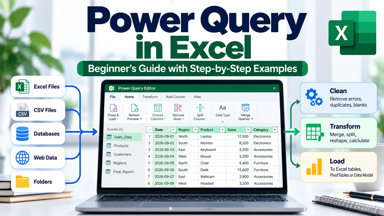 Power Query data sources flowing through clean and transform steps into Excel tables, PivotTables or the Data Model