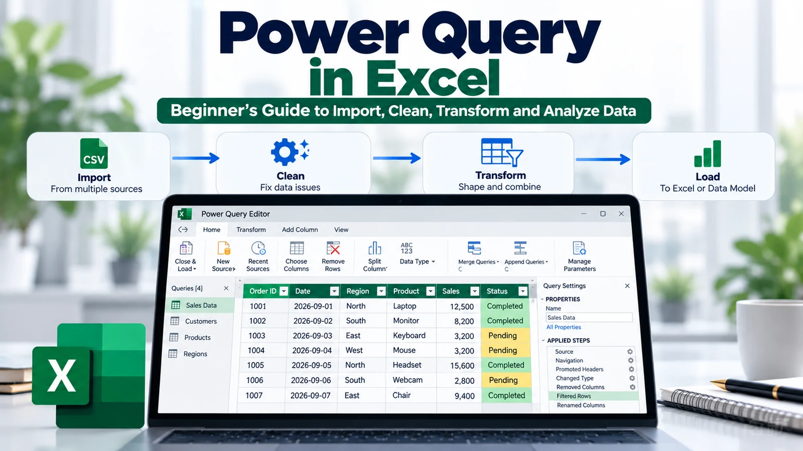 Power Query in Excel workflow showing import, clean, transform and load steps in the Power Query Editor