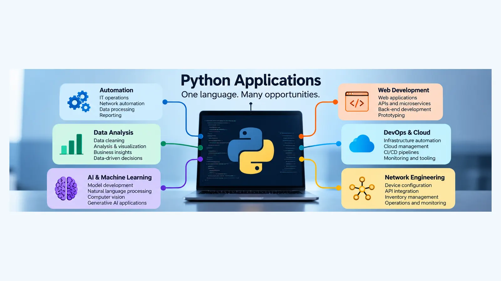 Python applications in automation, data analysis, AI, web development, DevOps and network engineering